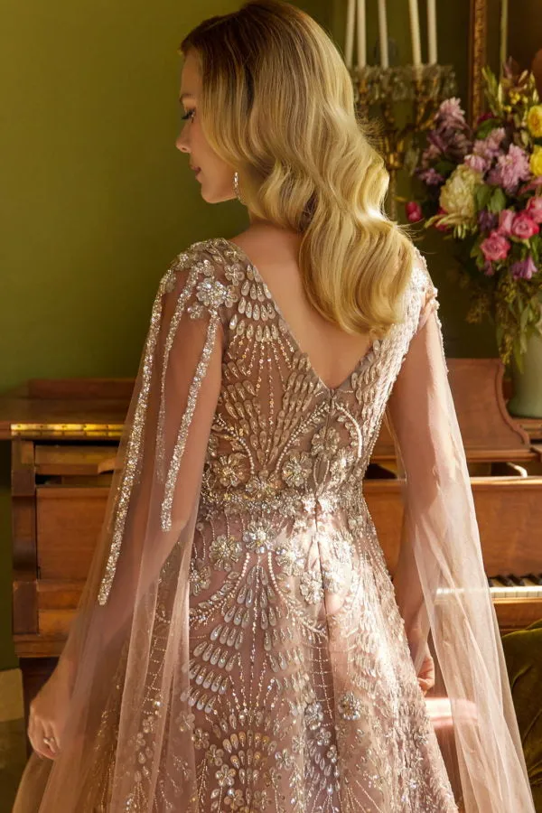 A Line Long Formal Sequin Cape Sleeve Dress