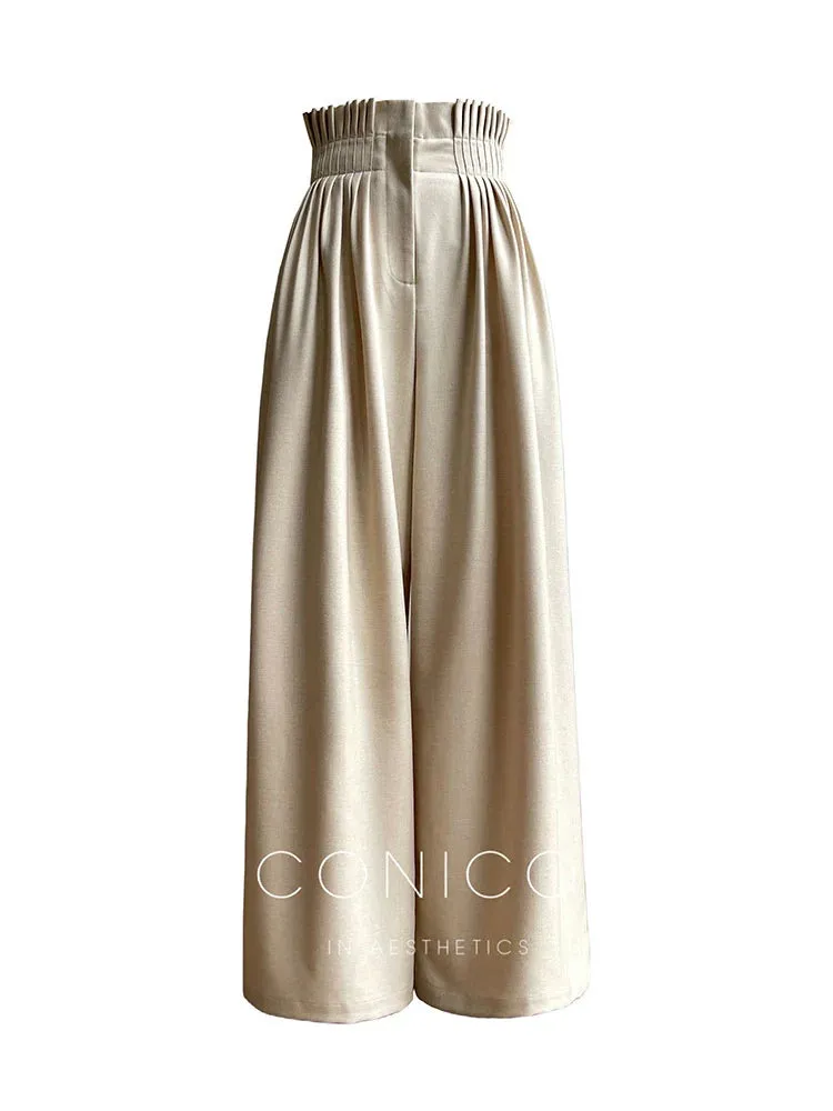 Aconiconi Luxury Dark Gray/Nude High Waist  long loose wide leg Pants- Suzy