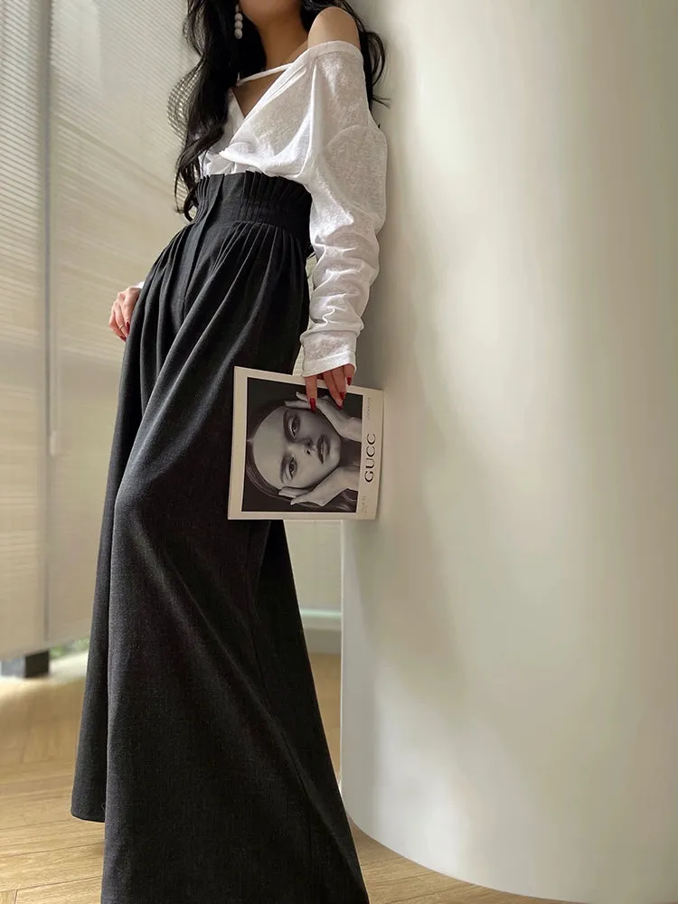 Aconiconi Luxury Dark Gray/Nude High Waist  long loose wide leg Pants- Suzy