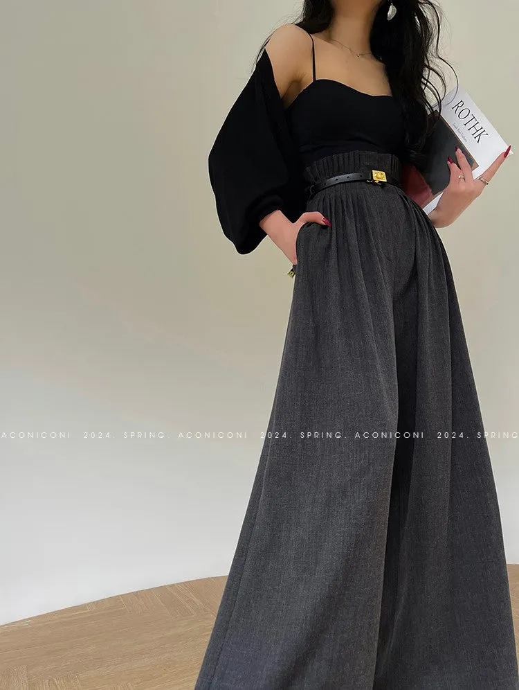 Aconiconi Luxury Dark Gray/Nude High Waist  long loose wide leg Pants- Suzy