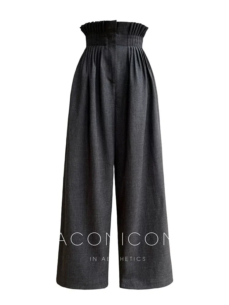 Aconiconi Luxury Dark Gray/Nude High Waist  long loose wide leg Pants- Suzy