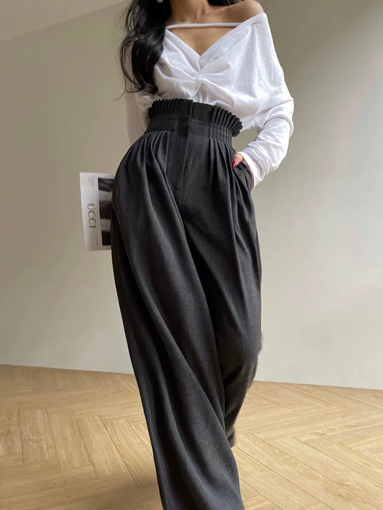 Aconiconi Luxury Dark Gray/Nude High Waist  long loose wide leg Pants- Suzy