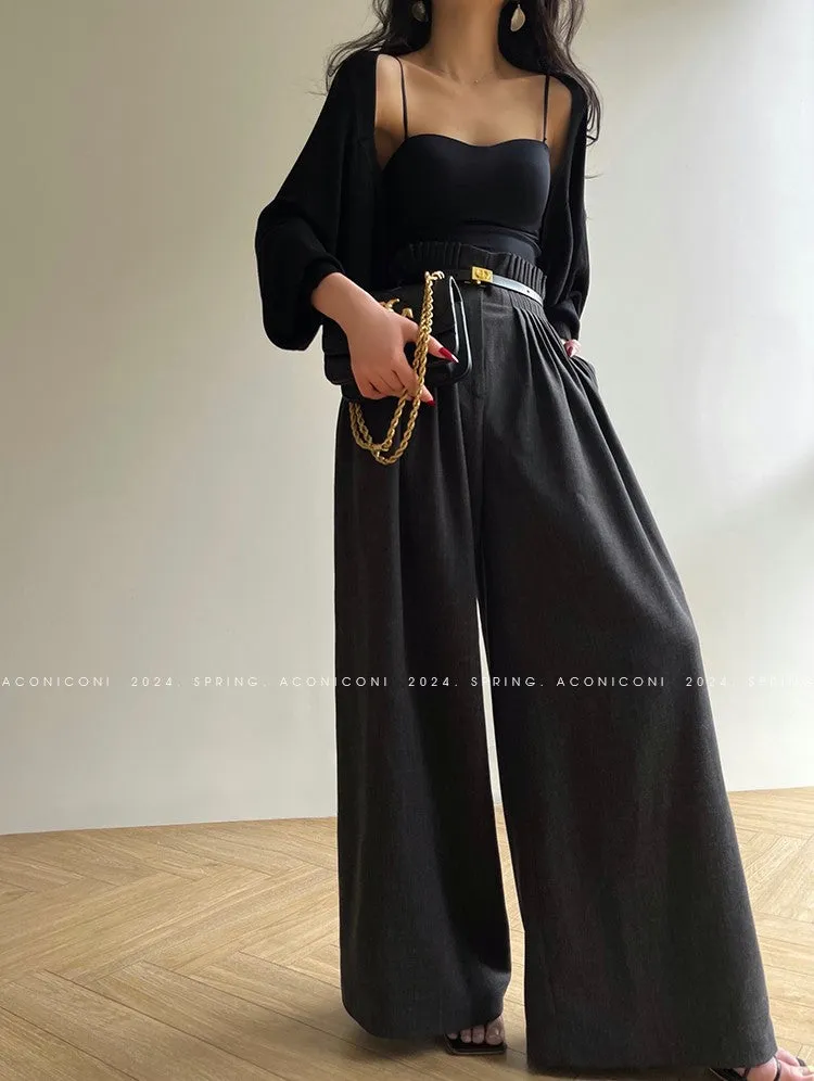 Aconiconi Luxury Dark Gray/Nude High Waist  long loose wide leg Pants- Suzy