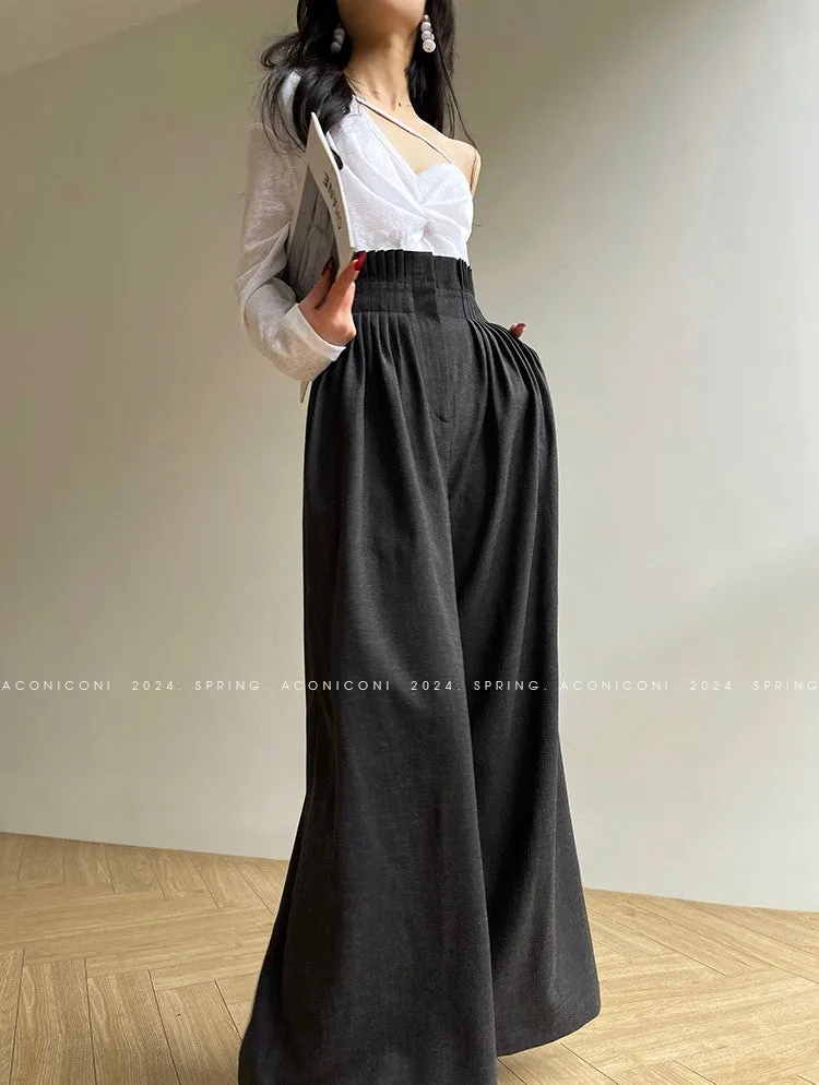 Aconiconi Luxury Dark Gray/Nude High Waist  long loose wide leg Pants- Suzy