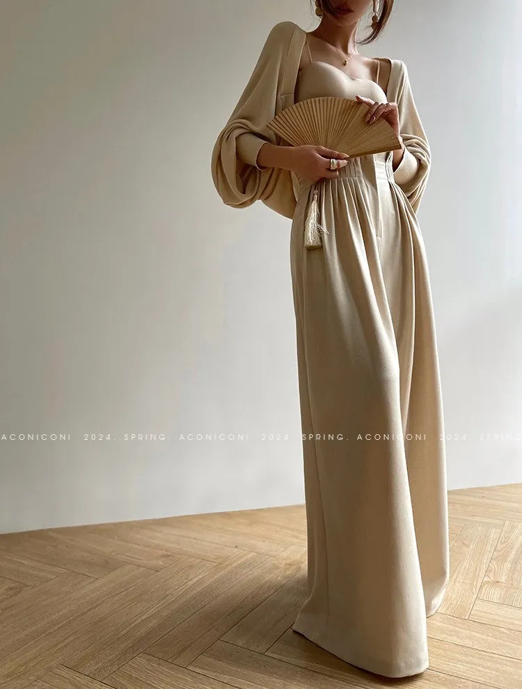 Aconiconi Luxury Dark Gray/Nude High Waist  long loose wide leg Pants- Suzy