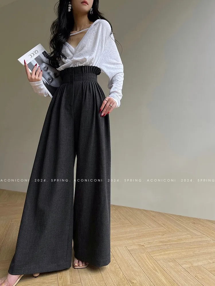 Aconiconi Luxury Dark Gray/Nude High Waist  long loose wide leg Pants- Suzy