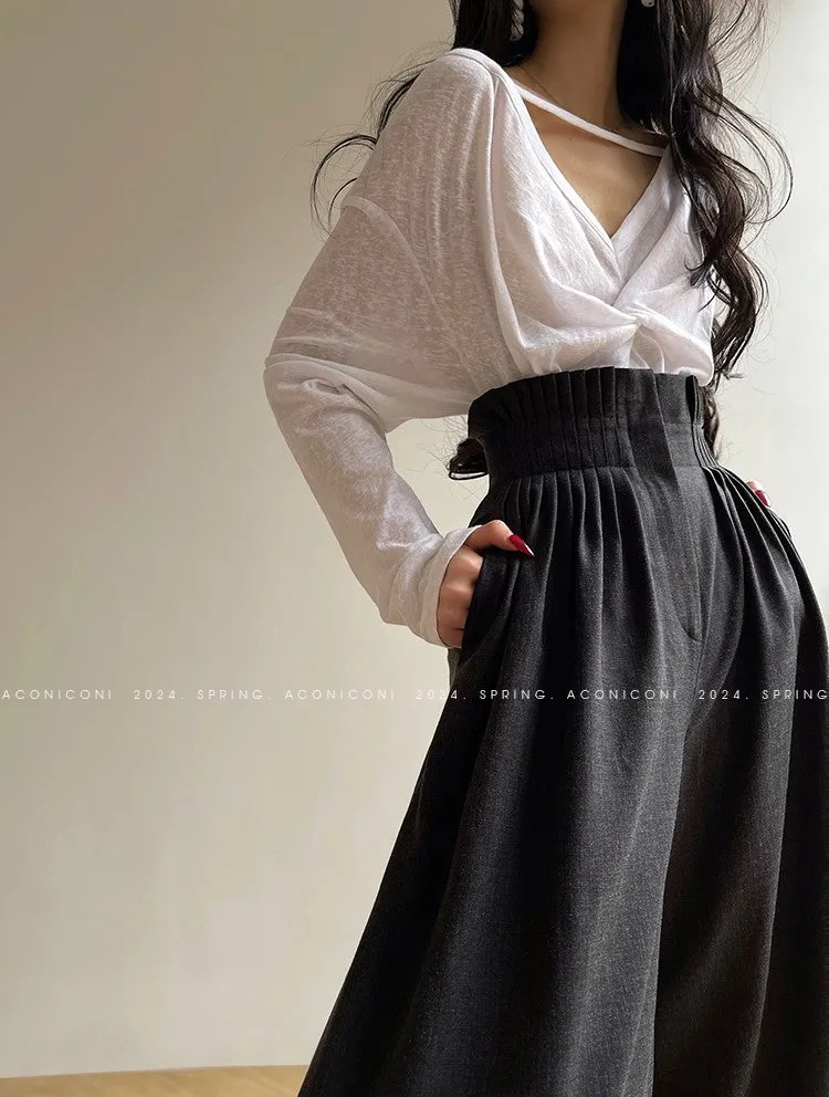 Aconiconi Luxury Dark Gray/Nude High Waist  long loose wide leg Pants- Suzy