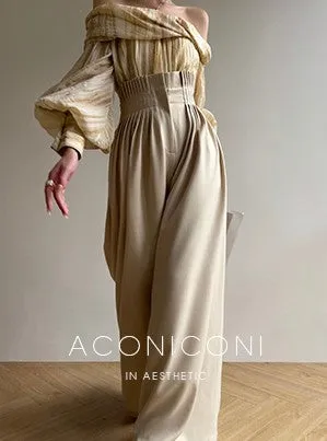 Aconiconi Luxury Dark Gray/Nude High Waist  long loose wide leg Pants- Suzy