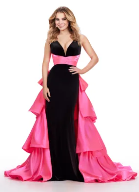 Ashley Lauren 11643 Long Prom Dress Velvet Fitted Gown Satin Ruffled Overskirt V Neck Formal Pageant Gown