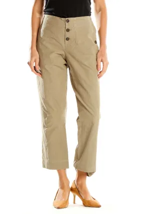 Beige Button-Front Wide-Leg Cropped Pants