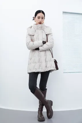 Beige Midi Length Goose Down Winter Jacket