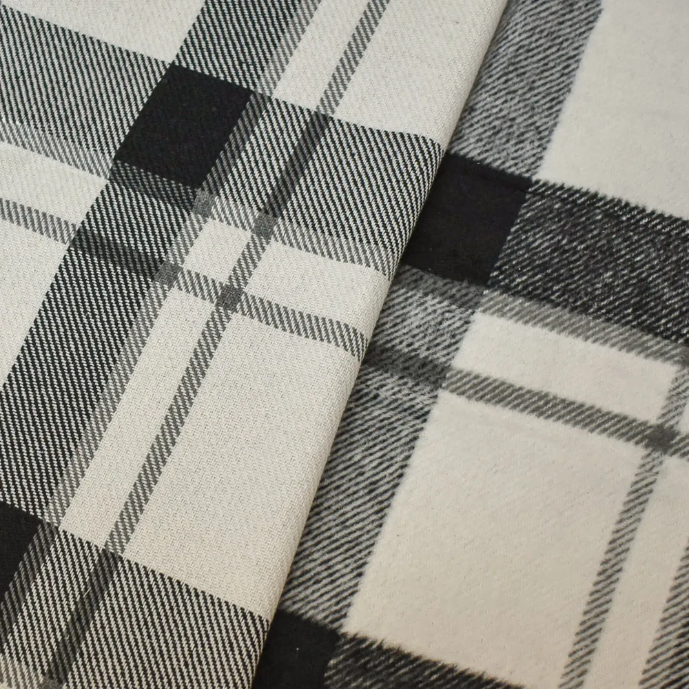 Black-White-Gray Melton Poly-Wool Single Sided Brushed Plaid Woven Fabric