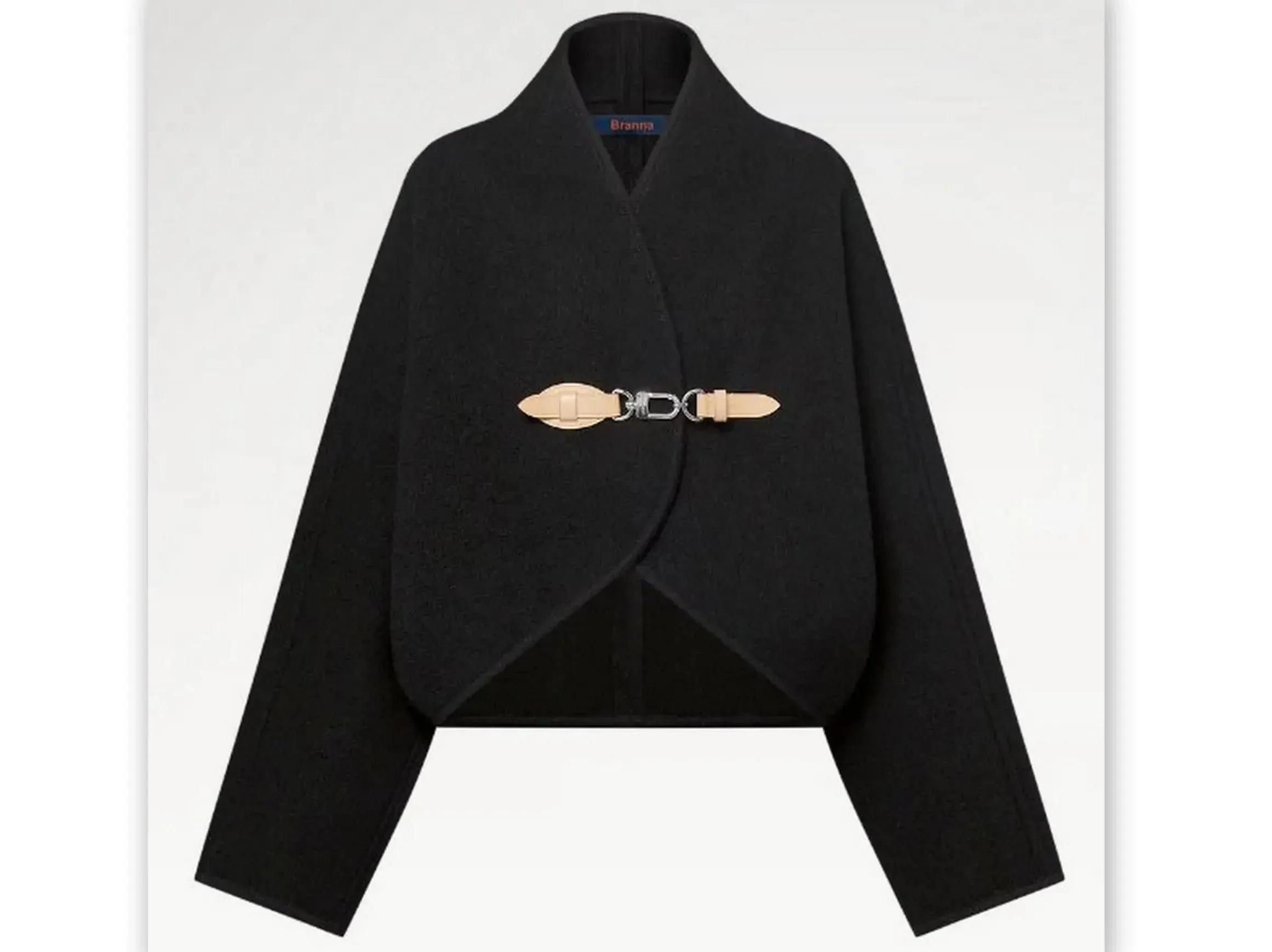 Black Wool Cardigan Jacket with Front Leather and Metal Clip Closure