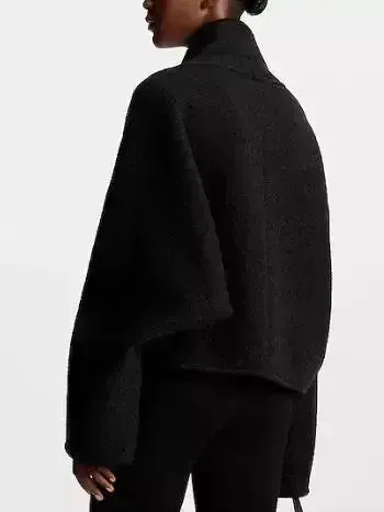 Black Wool Cardigan Jacket with Front Leather and Metal Clip Closure