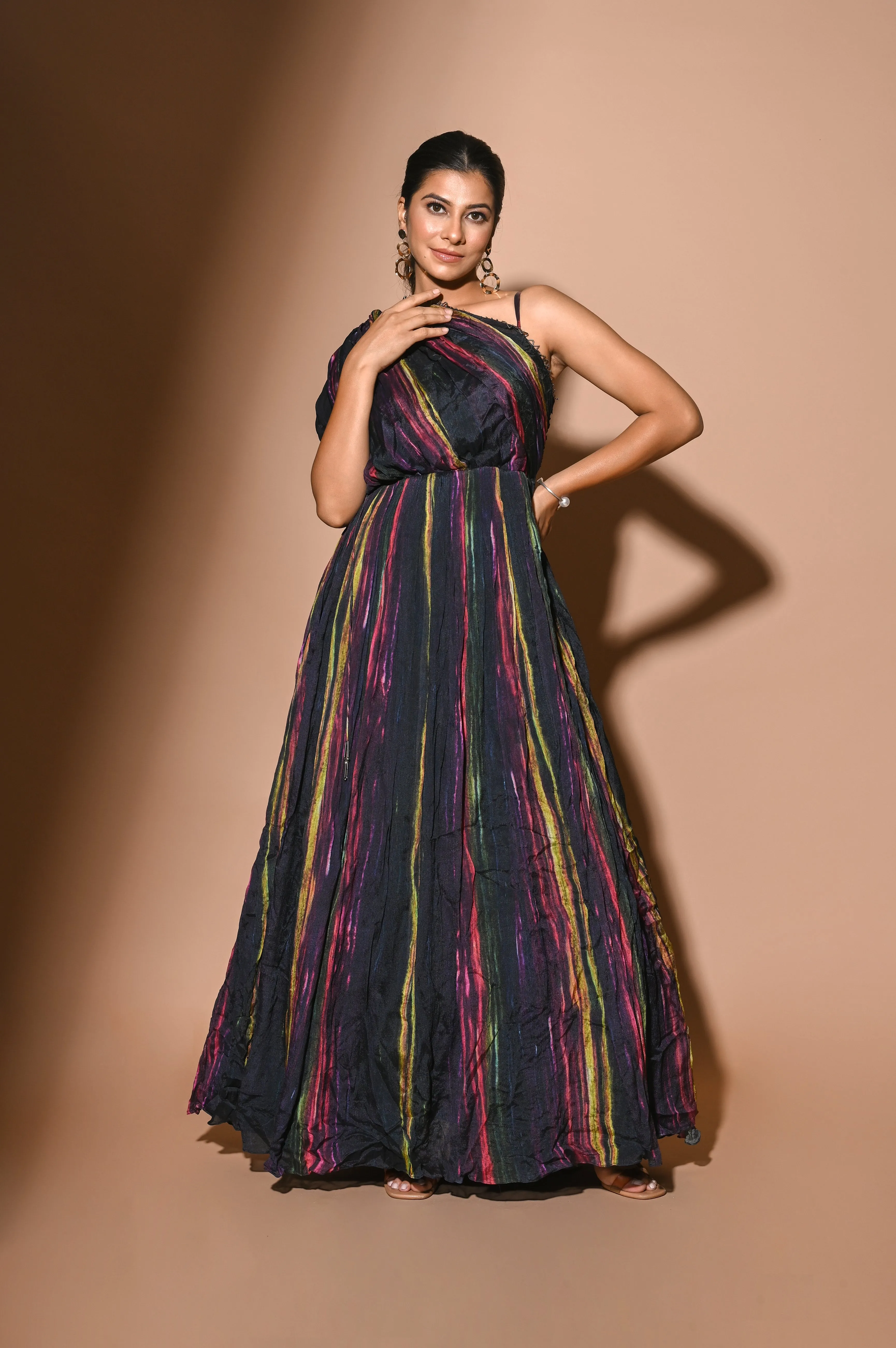 Blue Chiffon Off Shoulder Multicoloured Gown