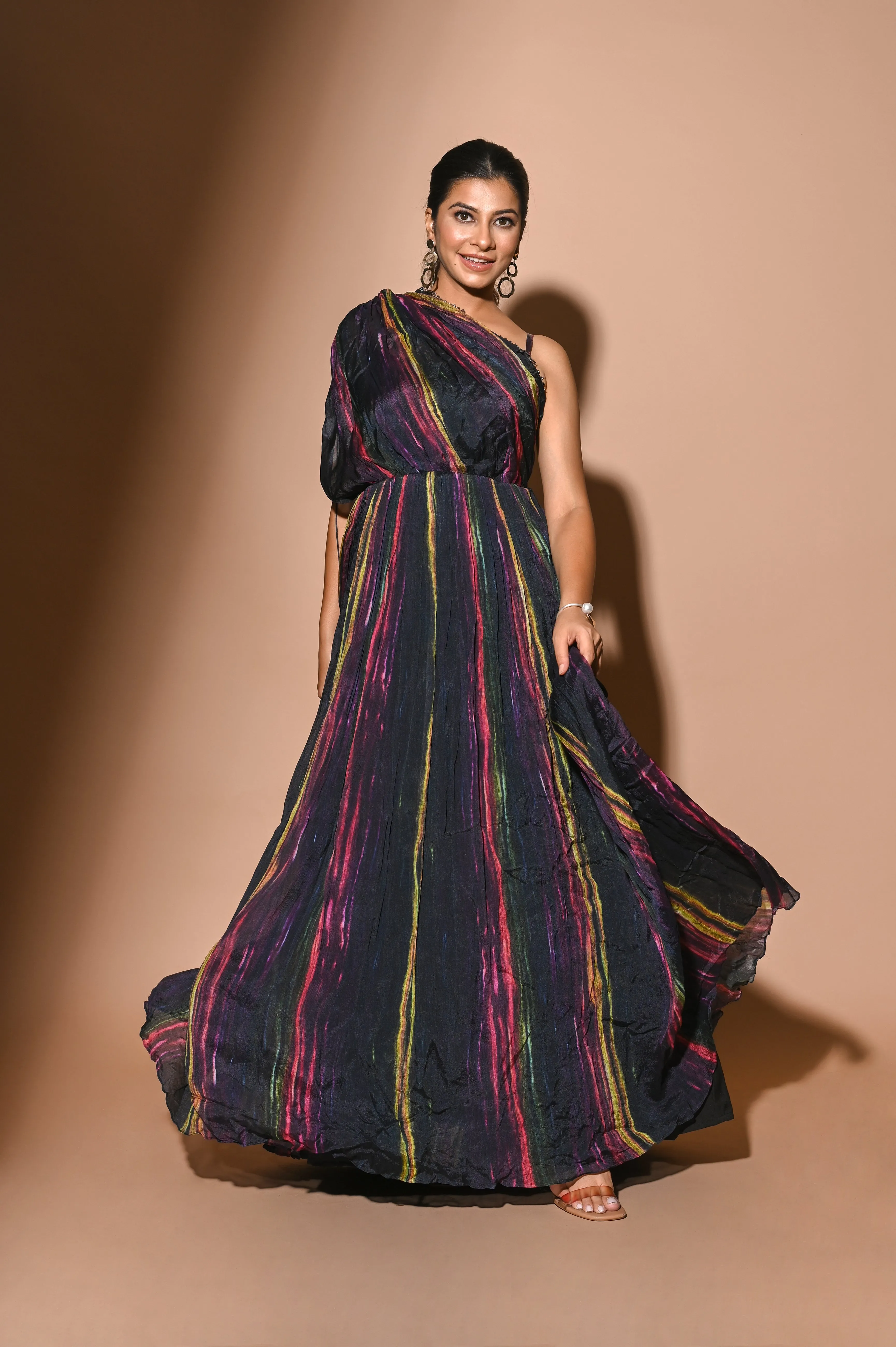 Blue Chiffon Off Shoulder Multicoloured Gown