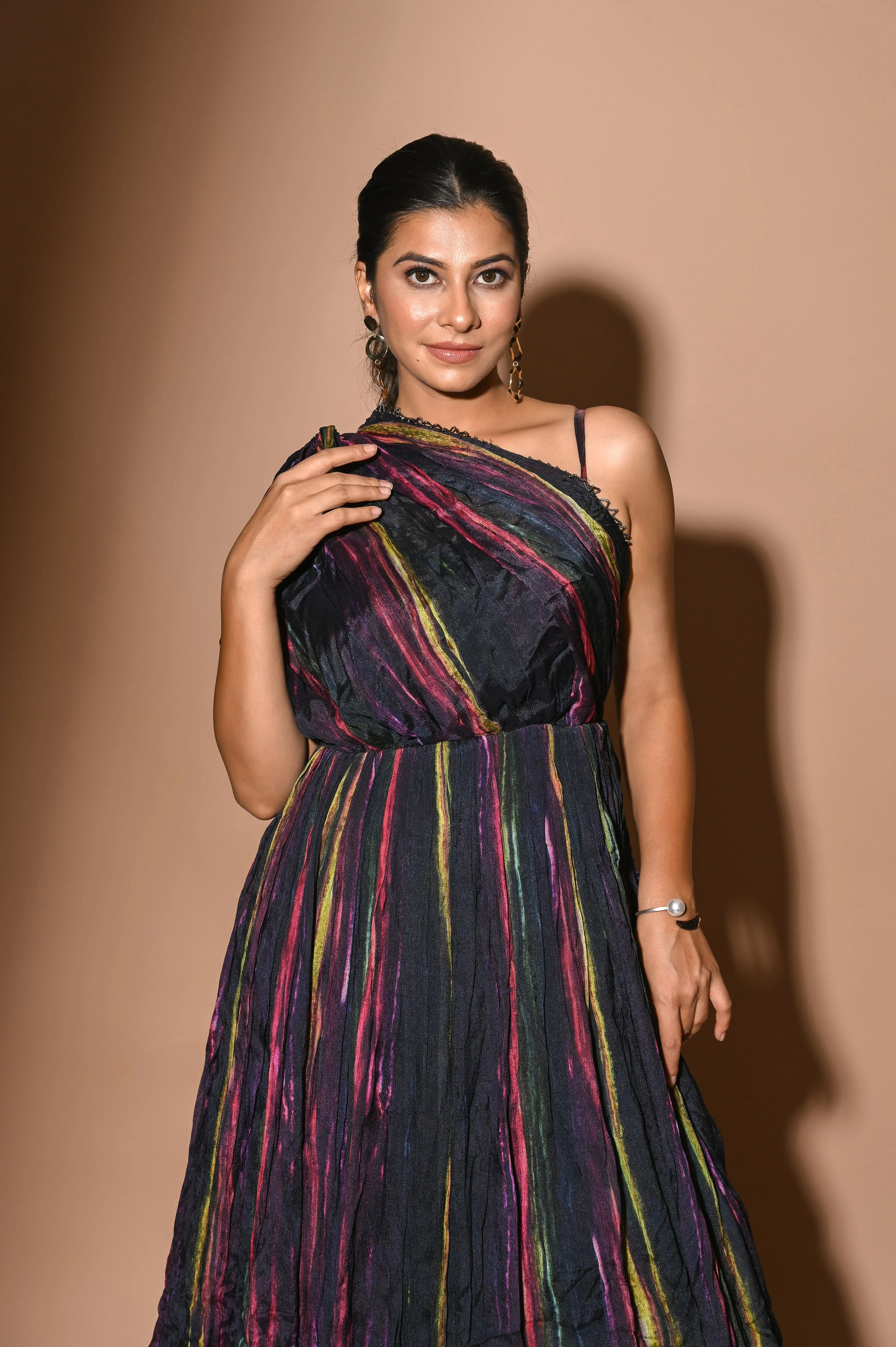 Blue Chiffon Off Shoulder Multicoloured Gown