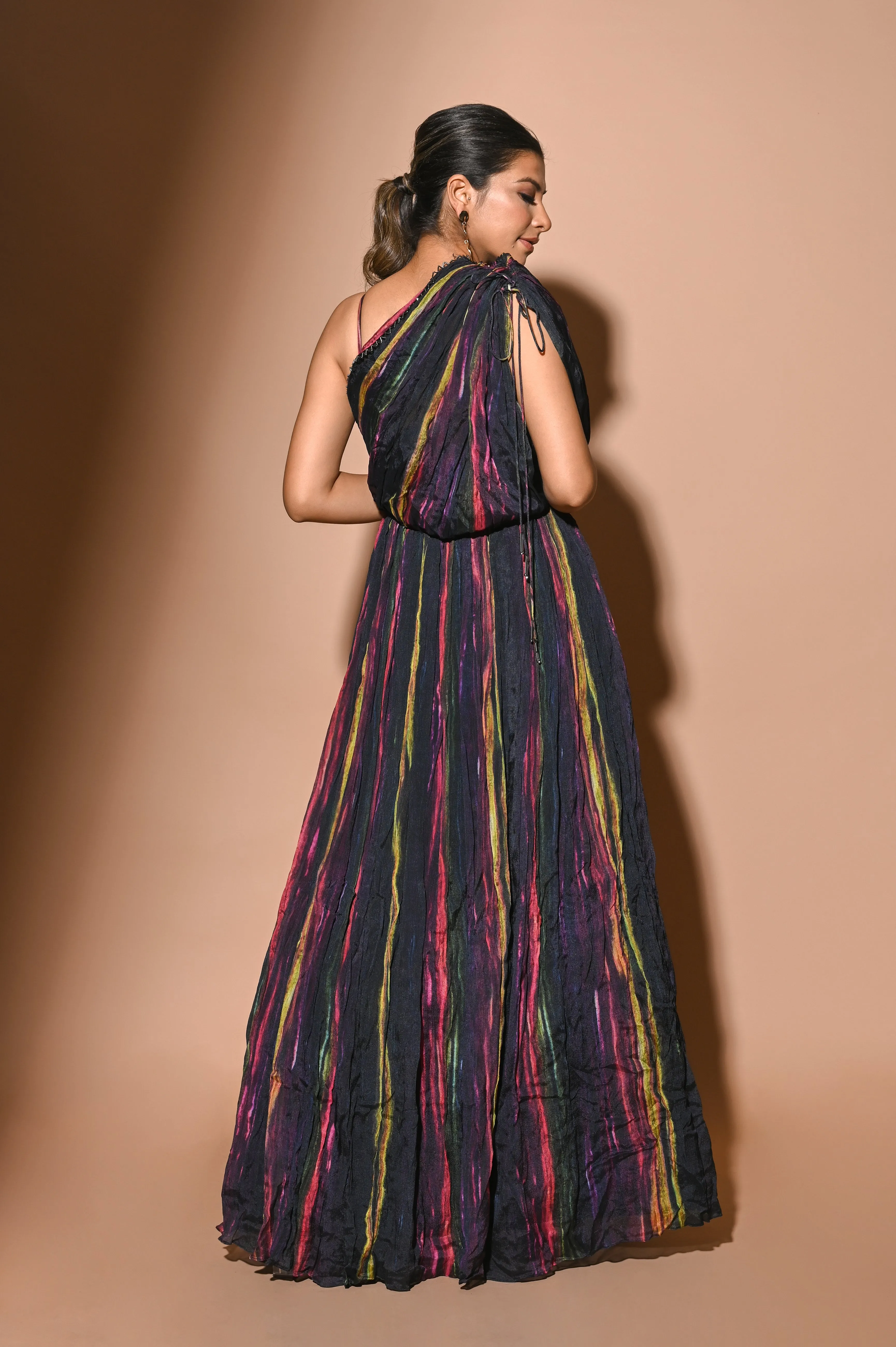 Blue Chiffon Off Shoulder Multicoloured Gown