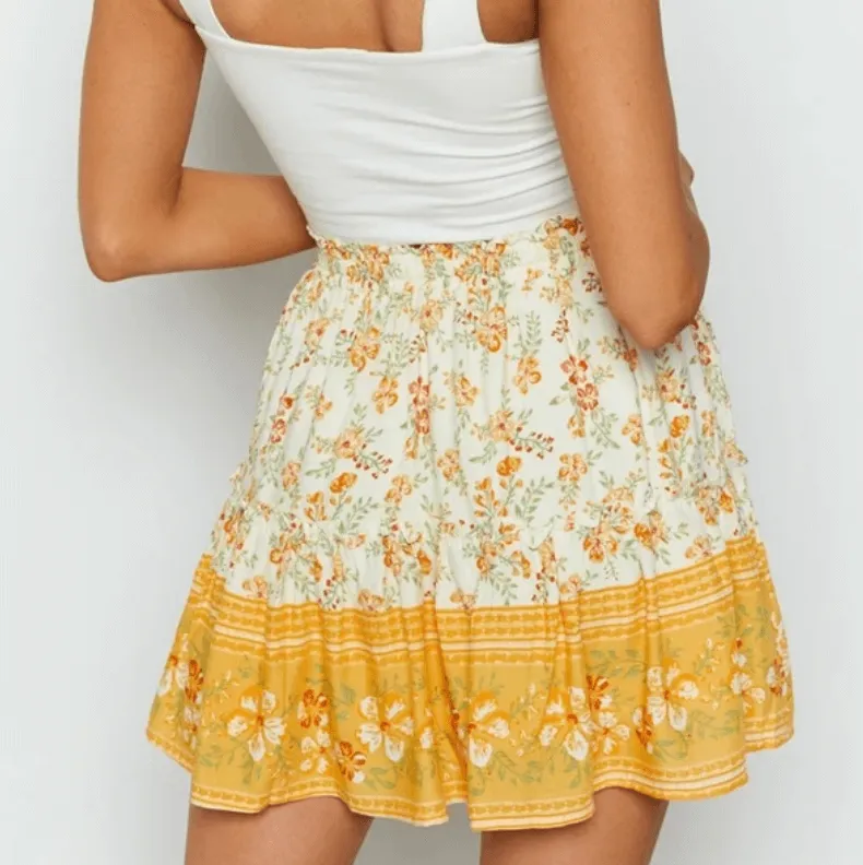 Bohemia Loose Floral Ruched Strap Mini Skirts