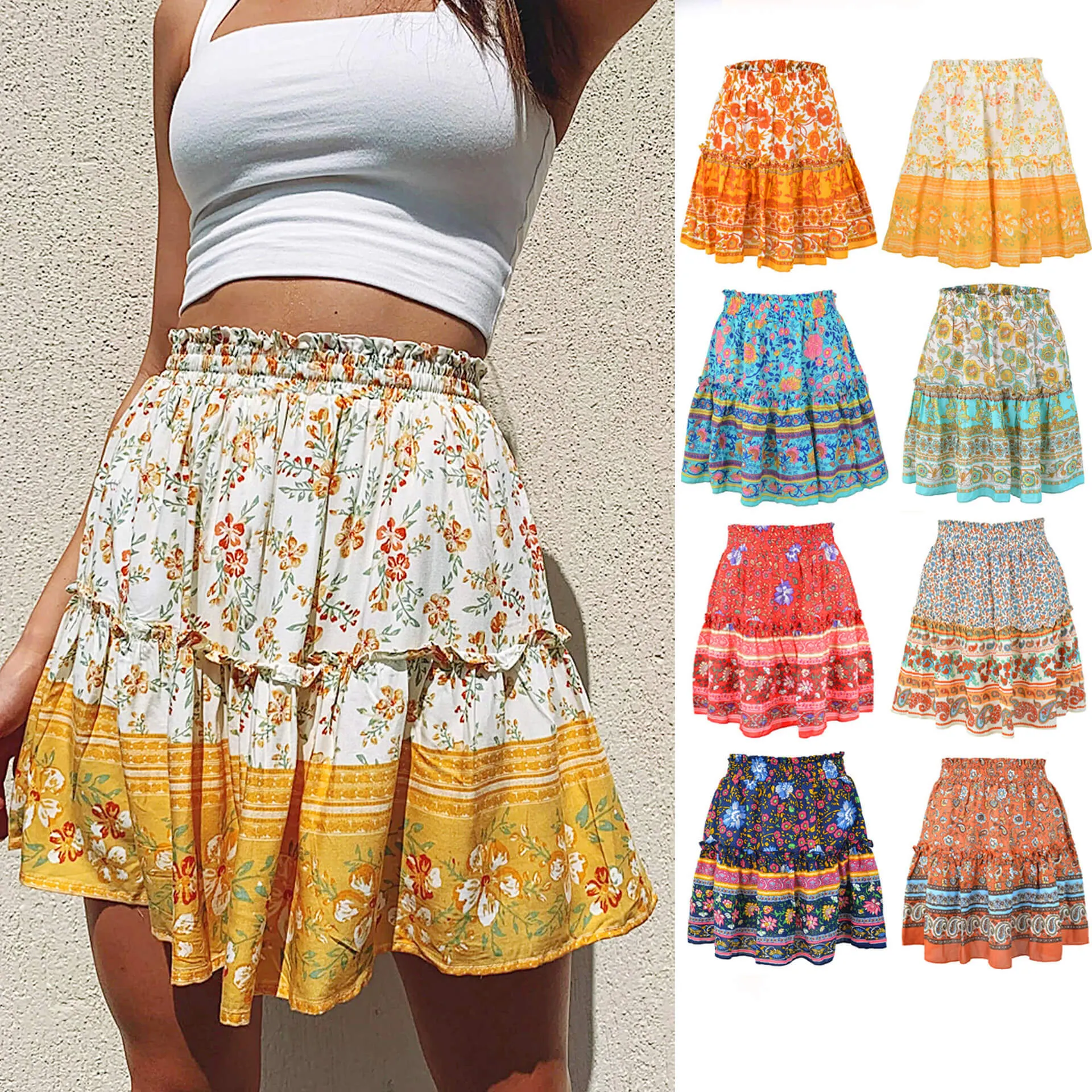 Bohemia Loose Floral Ruched Strap Mini Skirts