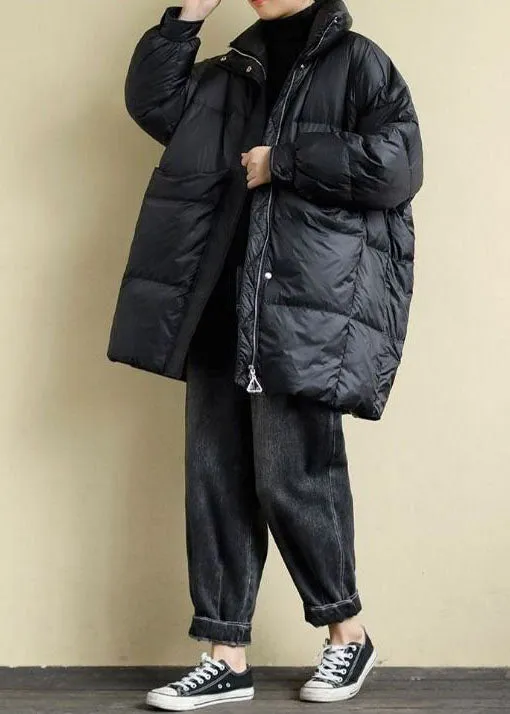 Bohemian Black Stand Collar Oversized Pockets Duck Down Puffers Jackets Winter