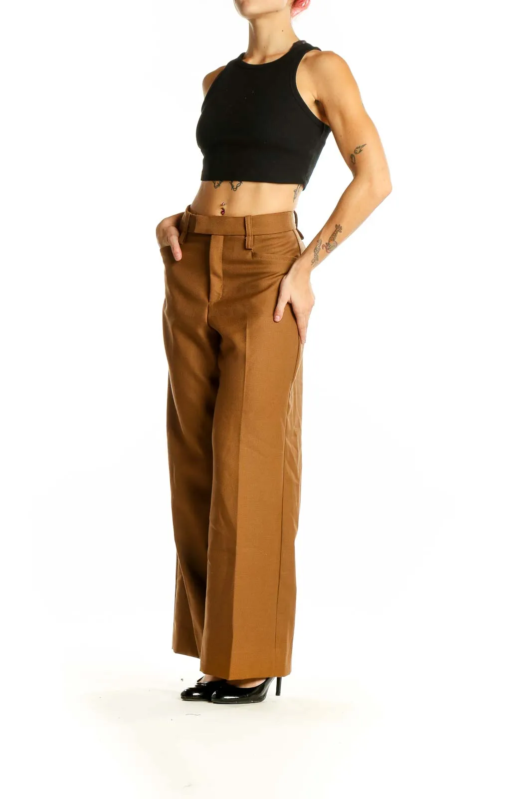 Brown Wool Wide-Leg Trousers