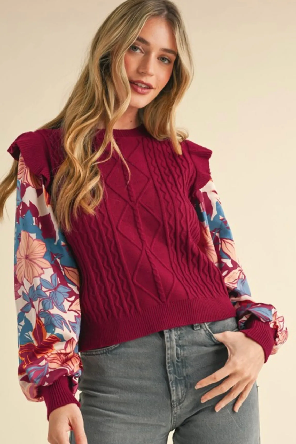 Burgundy Floral Sleeve Sweater Top