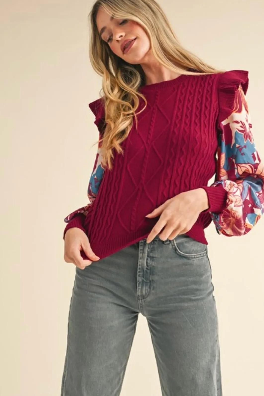 Burgundy Floral Sleeve Sweater Top