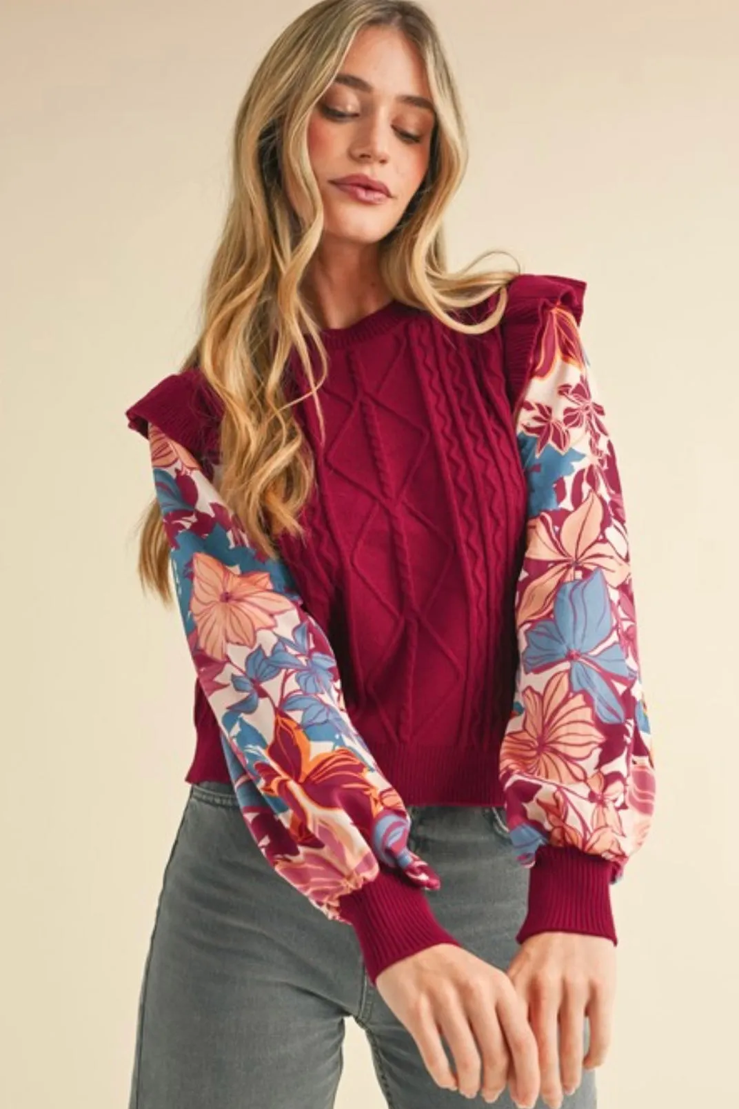 Burgundy Floral Sleeve Sweater Top