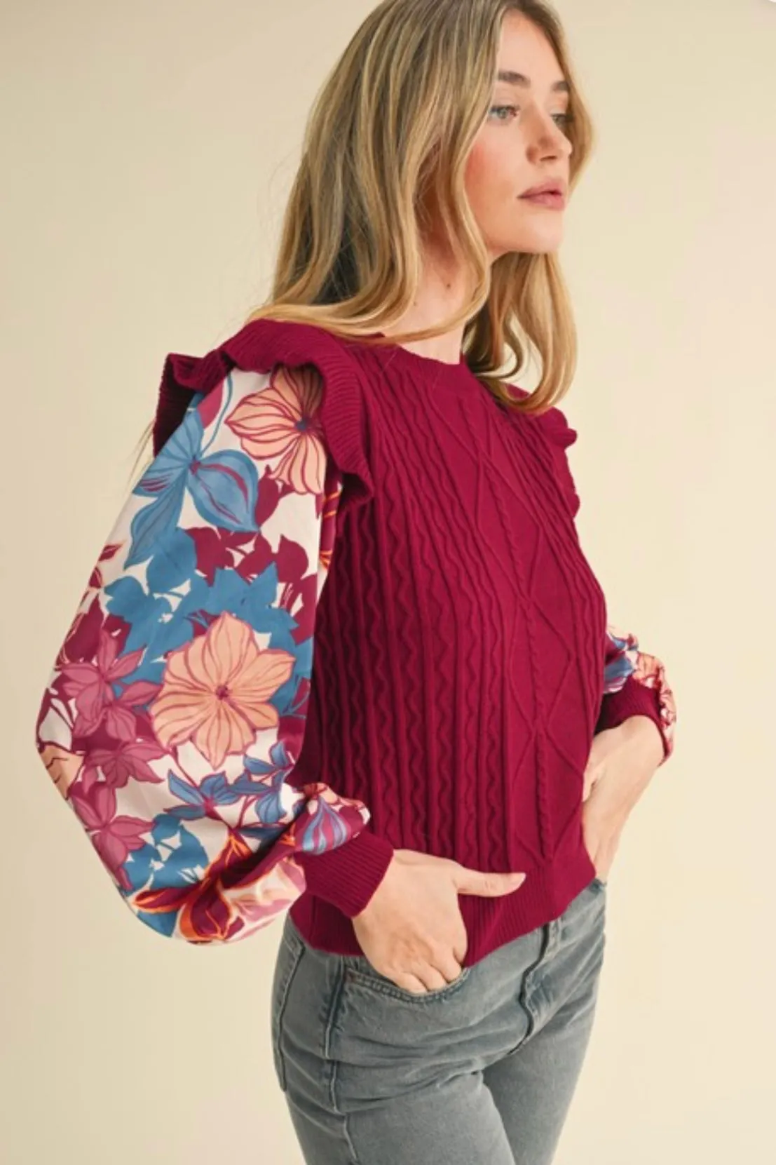 Burgundy Floral Sleeve Sweater Top