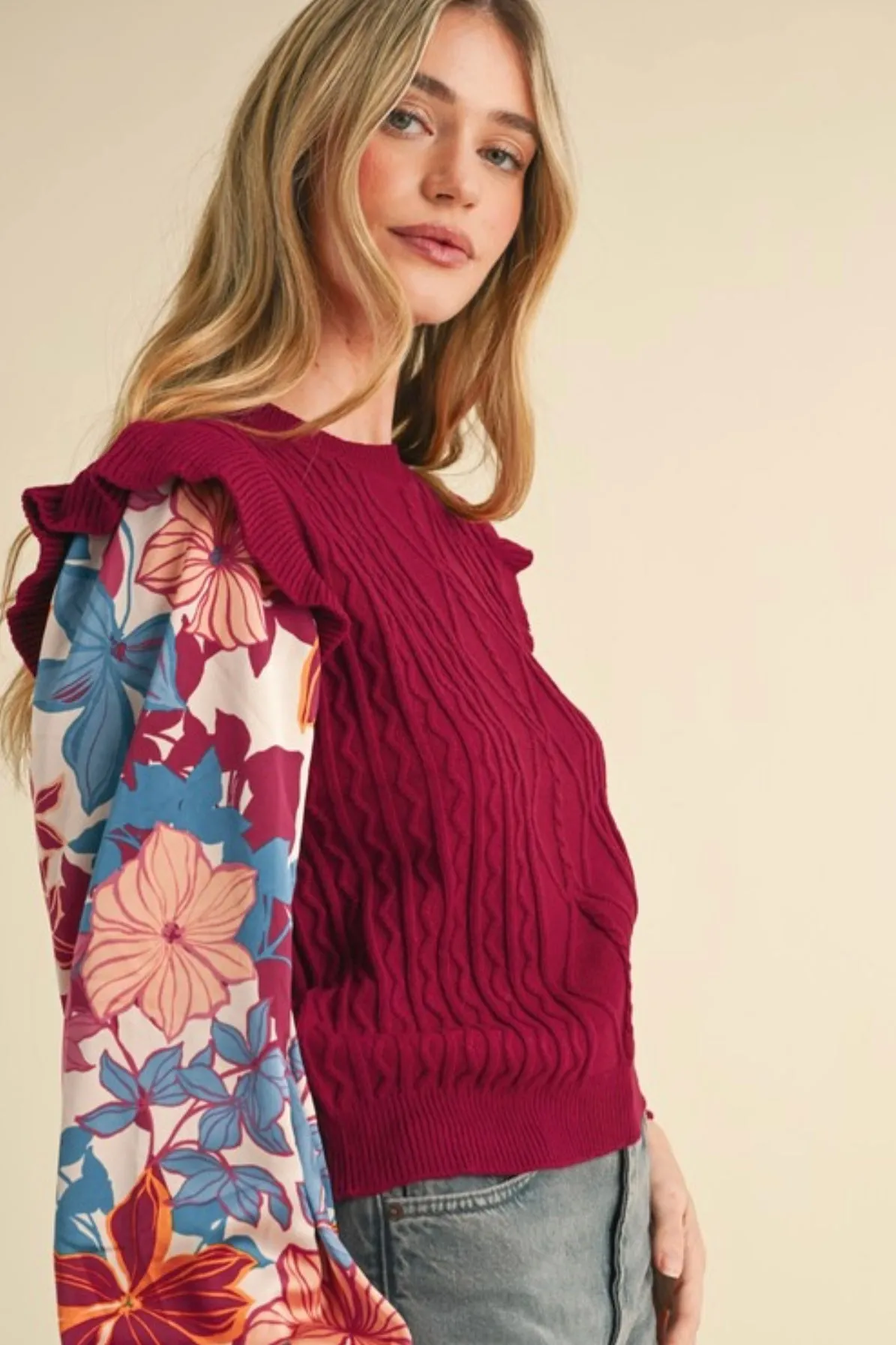 Burgundy Floral Sleeve Sweater Top