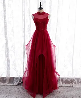 Burgundy High Neck Tulle Sequin Beads Long Evening Dresses