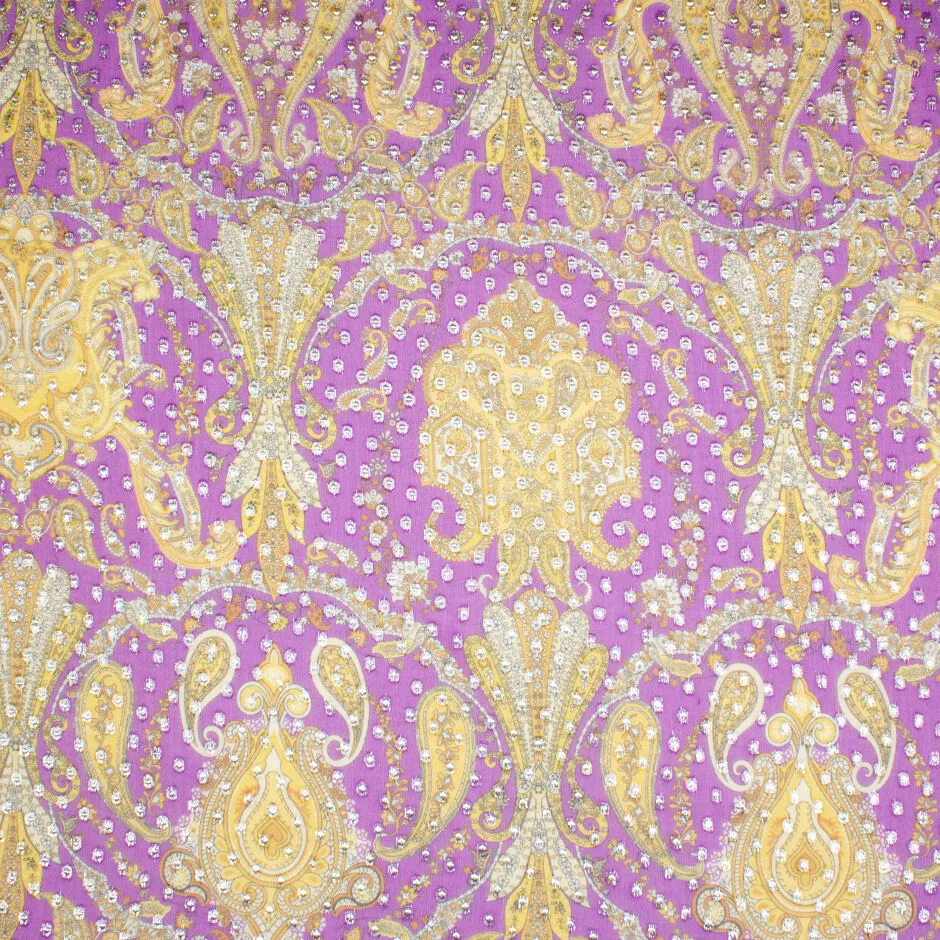 Canary Yellow Paisley Violet Metallic Silk Georgette