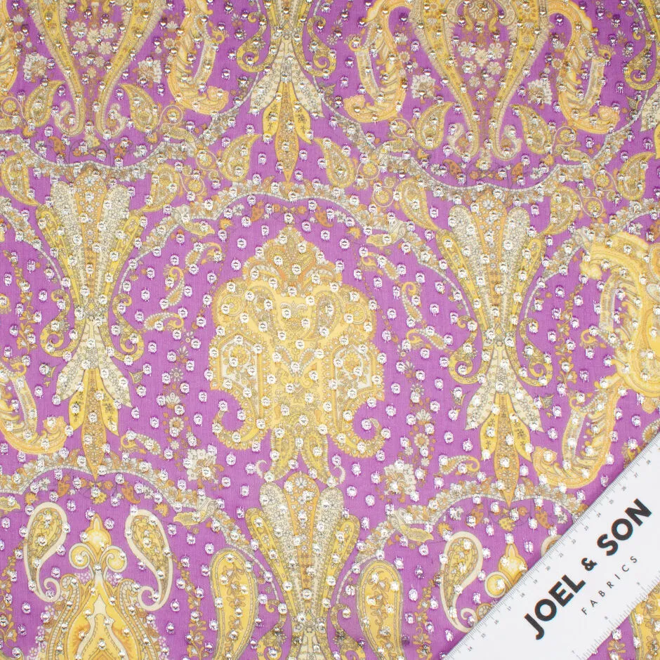 Canary Yellow Paisley Violet Metallic Silk Georgette