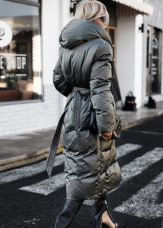 Casual Green Loose Thick tie waist Winter Duck Down coat