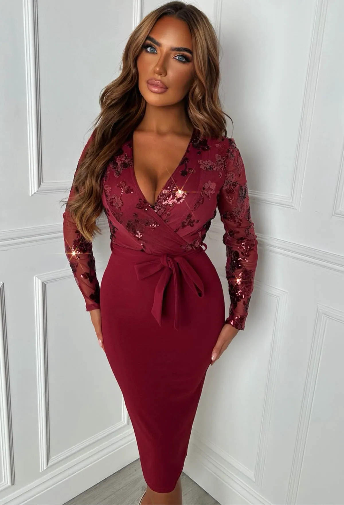 Celebrity Scandal Red Sequin Long Sleeve Midi Dress