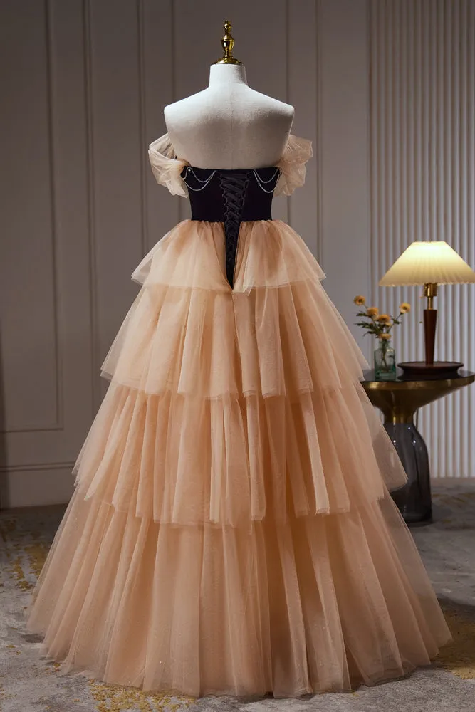 Champagne Off The Shoulder Evening Gown A Line Tulle Long Prom Dresses