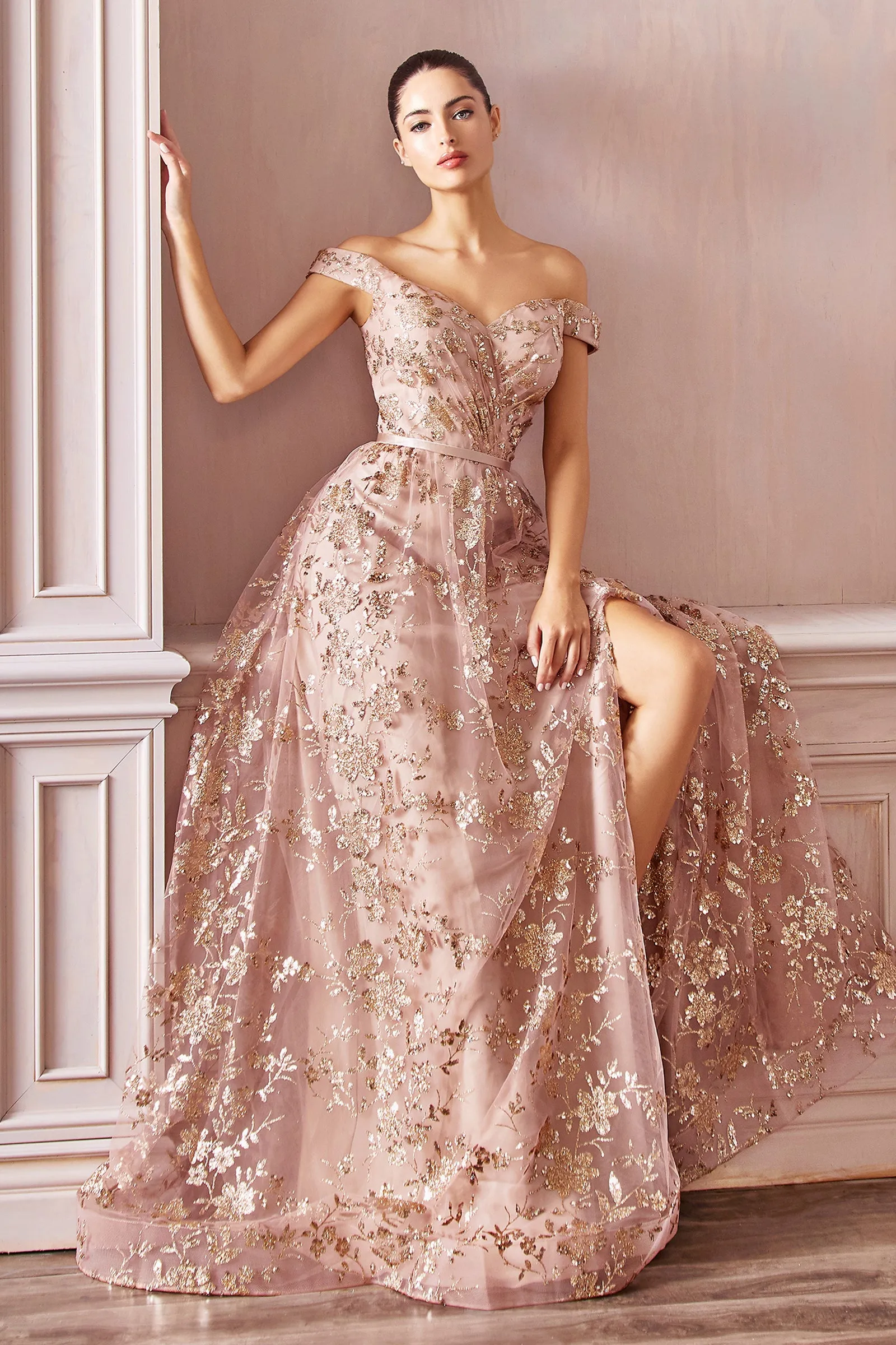 CINDERELLA DIVINE CB069 A-Line Glitter Print Off-Shoulder Gown