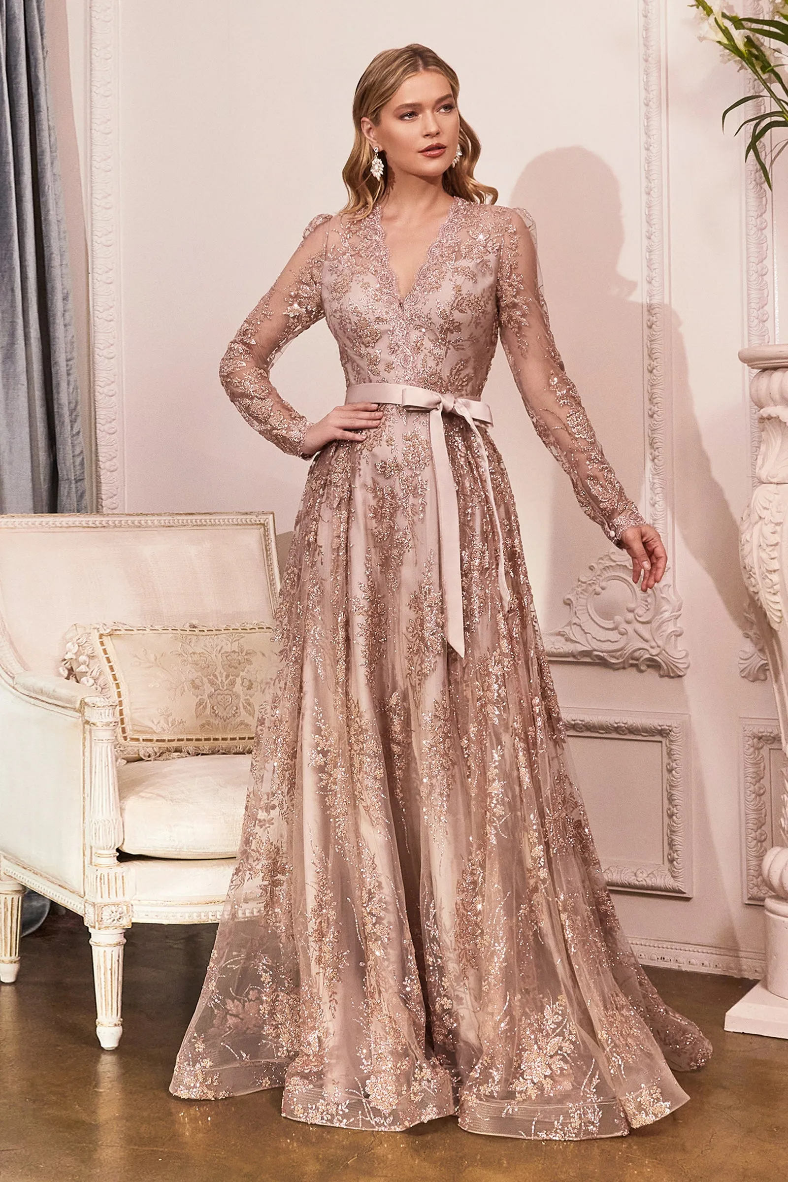 CINDERELLA DIVINE CD233 Long Sleeve Embellished Gown