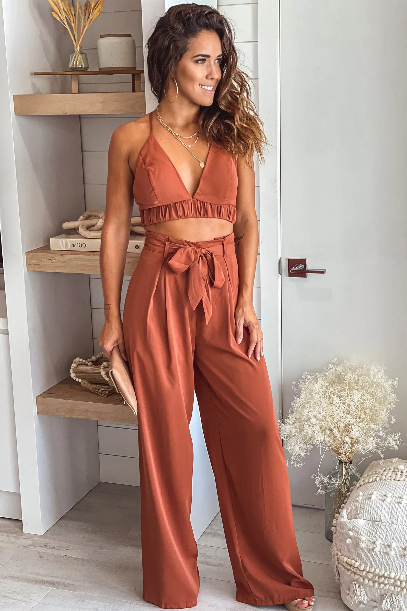 Cognac Top And Palazzo Pants Set