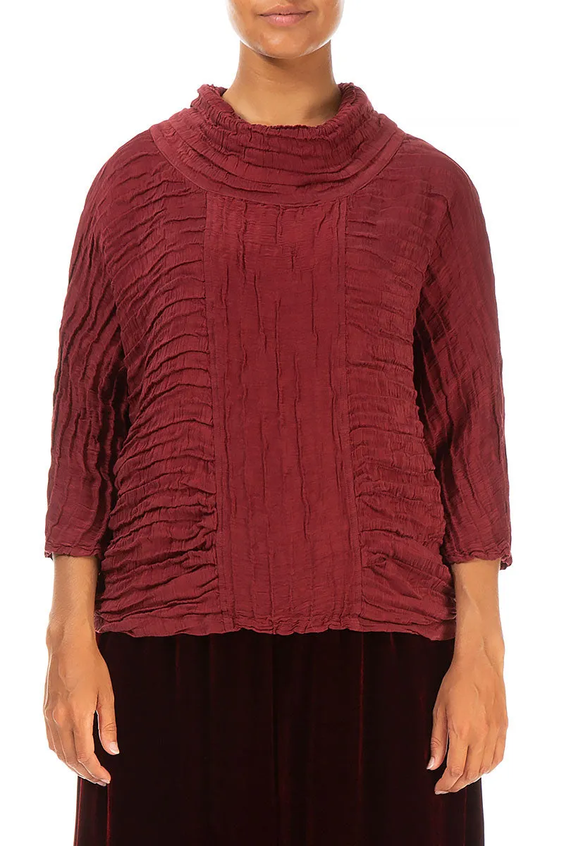 Cowl Neck Crinkled Bordeaux Silk Blouse