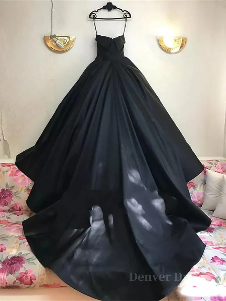 Custom Made Thin Straps Sweetheart Neck Black Ball Gown, Black Long Prom Dresses, Evening Dresses