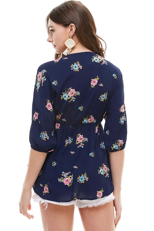 Ditsy Floral Dolman Long Sleeve V Neck Blouse