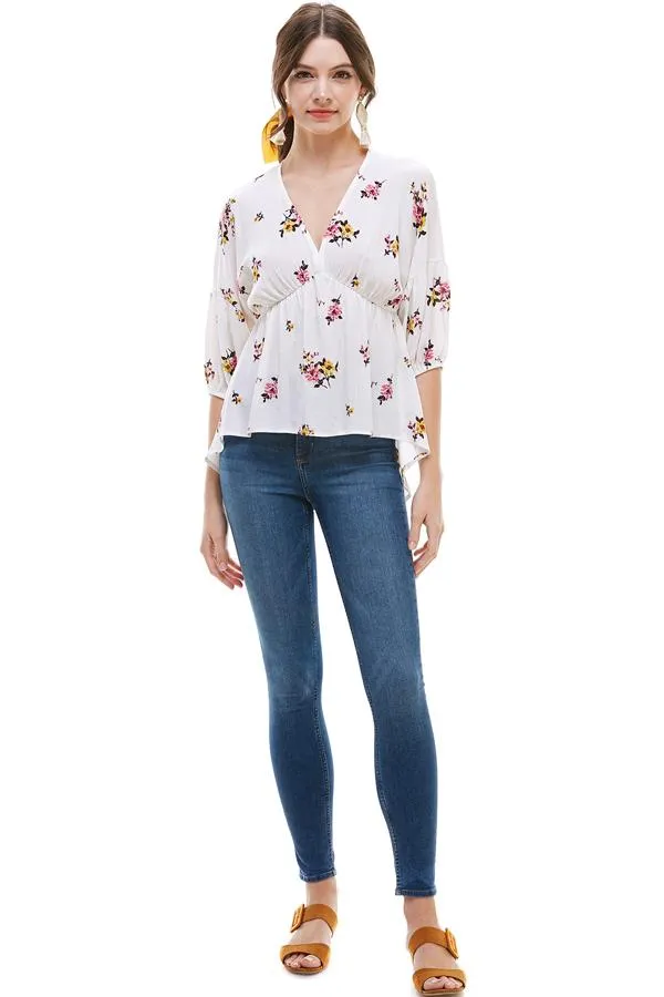 Ditsy Floral Dolman Long Sleeve V Neck Blouse