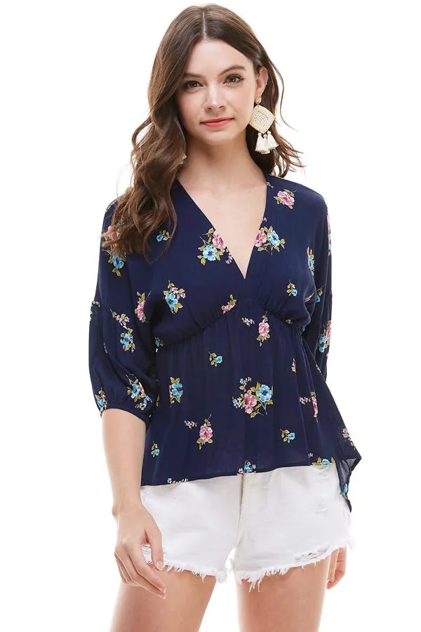 Ditsy Floral Dolman Long Sleeve V Neck Blouse