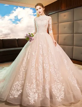 Engagement Sparkle & Shine Formal Fall Wedding Dresses Ball Gown High Neck Long Sleeve Cathedral Train Lace Bridal Gowns With Sequin Appliques Summer Wedding Party