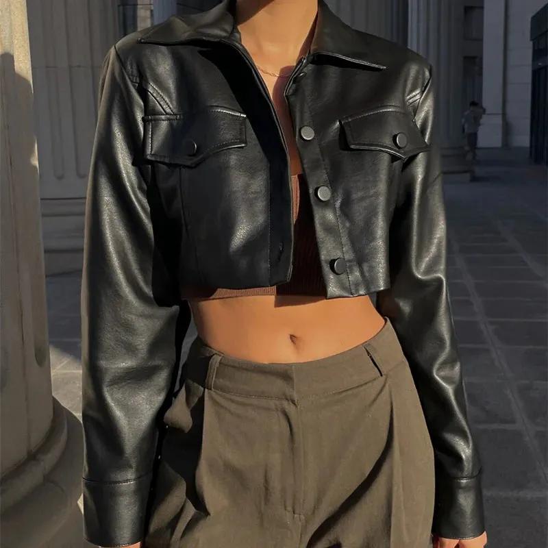 Faux Leather Short Turn-down Jacket