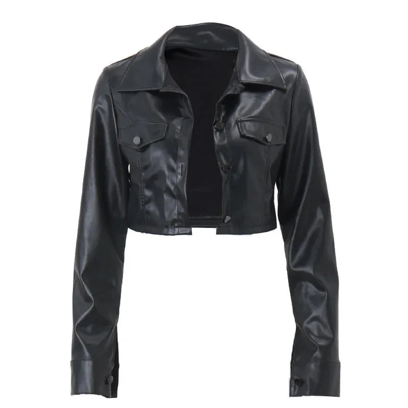 Faux Leather Short Turn-down Jacket