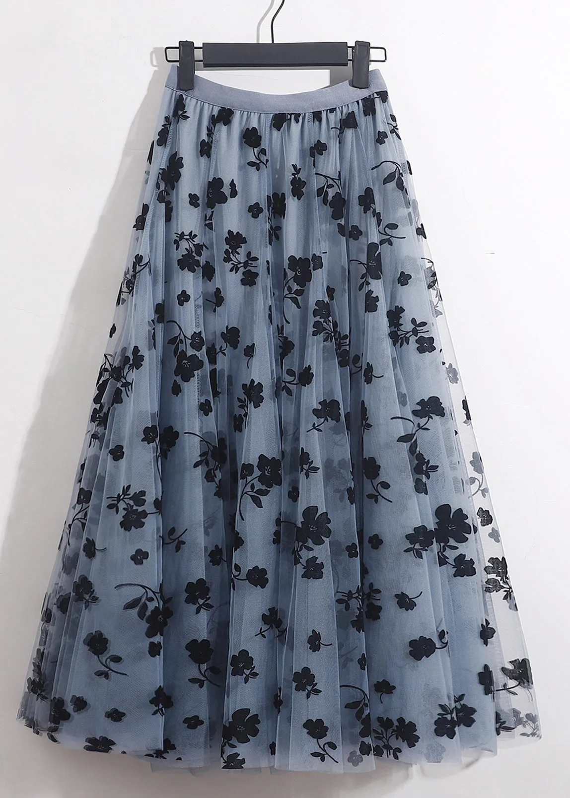 French Blue Floral Elastic Waist Tulle Skirts Summer AS1066