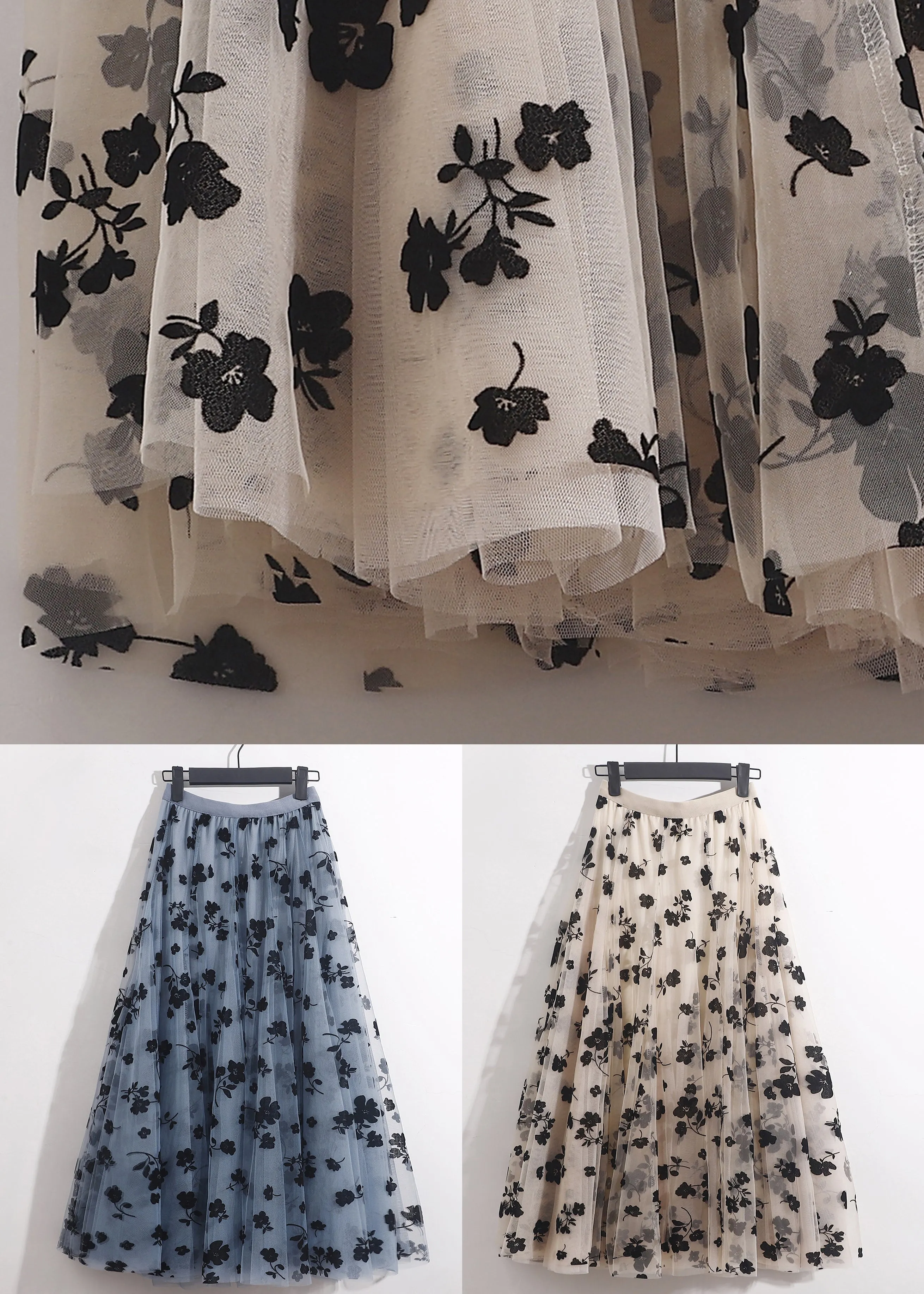 French Blue Floral Elastic Waist Tulle Skirts Summer AS1066